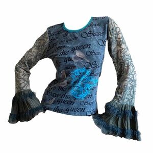 Insane Save The Queen Long Sleeve Mesh Top Floral Print and Birds Fairy Y2K